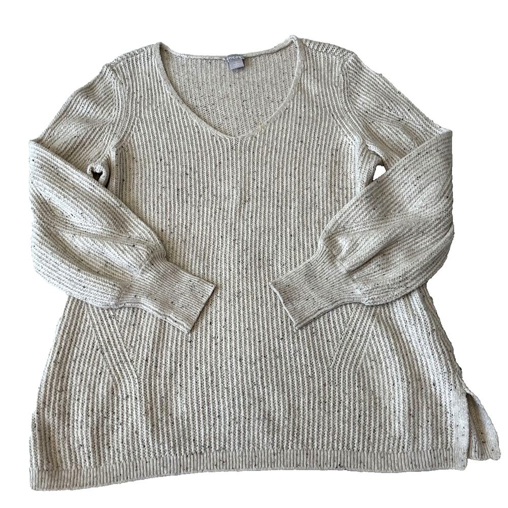 Chico's Women's Pullover V Neck Cozy Knit Sweater Chicos 2/Lg. Cream Long Sleeve